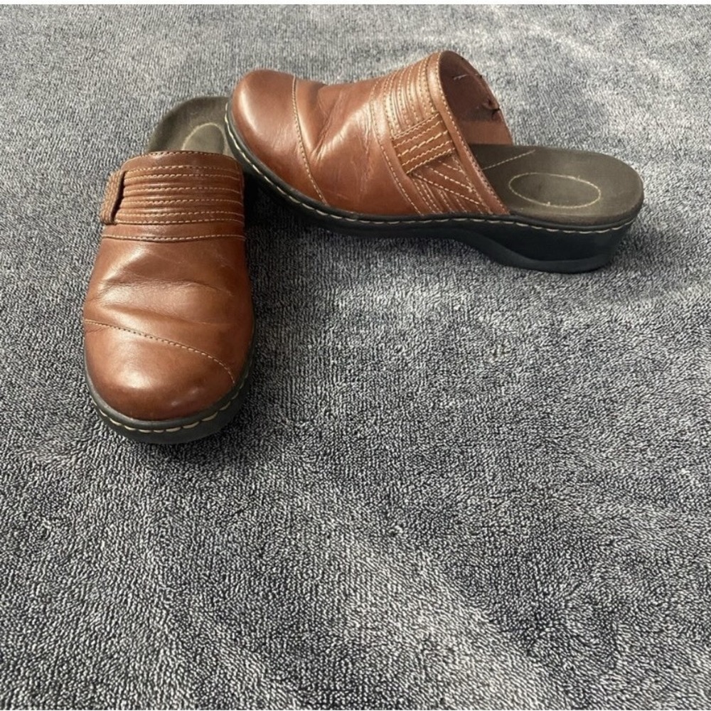 Clarks Women's Brown Leather Mule Sandals Slip-On Cushioned Wedge US 8